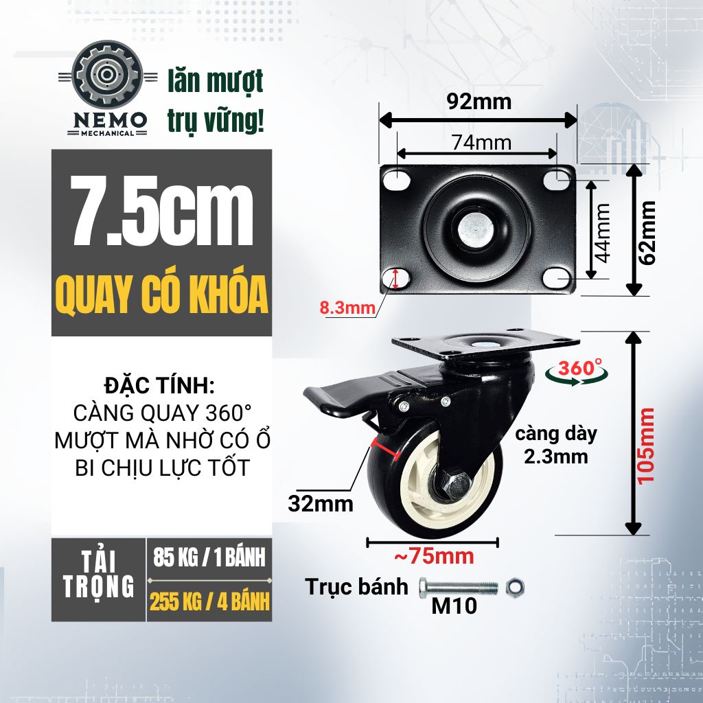 Bánh Xe Đẩy Hàng Đen Trắng – Chịu Tải Tốt, Khung Thép Sơn Tĩnh Điện